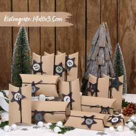 Papierdrachen Advent Calendar 2024 - Pillow Boxes - with Decorative Labels and Number Stickers - Vintage - Black - 24 Cardboard Cushion Boxes - DIY Advent Calendar for Filling and Designing
