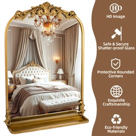 Varsoul Gold Arched Wall Mirror for Bathroom, with Shelves, 24"x36" Square Craft Designed Metal Frame, Unique Modern Mirror for Over Sink, Bedroom, Living Room, Dresser, Entryway Decor