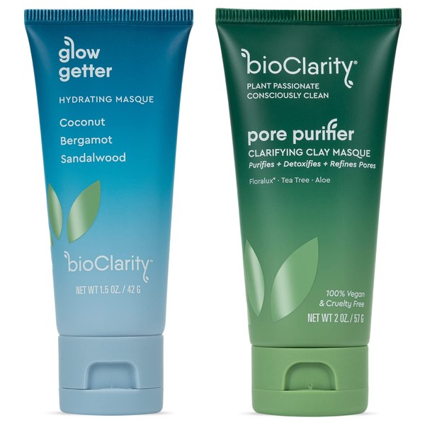 BioClarity Face Masks Bundle | Clarifying & Hydrating Masks Included for Softer, Smoother and Refreshed Skin | 100% Vegan Ingredients | With Coconut, Bergamot, Sandalwood, Tea Tree, Aloe, and Floralux
