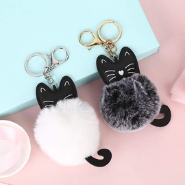 CHROME CRANE WB079 Women's Cat Cat Brushed Fluffy Cute Key Ring Charm Keychain, 03.grey