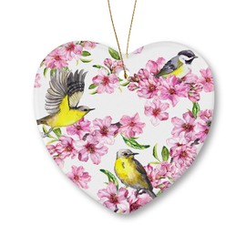 Yellow Birds with Pink Flowers Christmas Ornaments Ceramic Christmas Tree Decorations Durable Heart-shape Hanging Ornament 3.22X3.07in