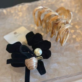 Elegant Hair Clip Set with Pearl Detail, Black Velvet Flower and Rose Gold Accent, 2 Pieces