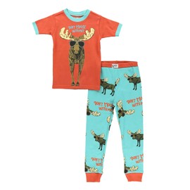 Lazy One Short-Sleeve Pajamas Sets for Girls and Boys, Kids' Soft, Animal PJs (Don't Moose, 4T)
