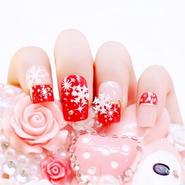 YONAIL Square False Nails with Glue Press On Nails 3D Snowflake Christmas Fake Nails Tips Full Cover Glue On Nail for Women Girls Xmas Sticker On False Nails 24pcs/set