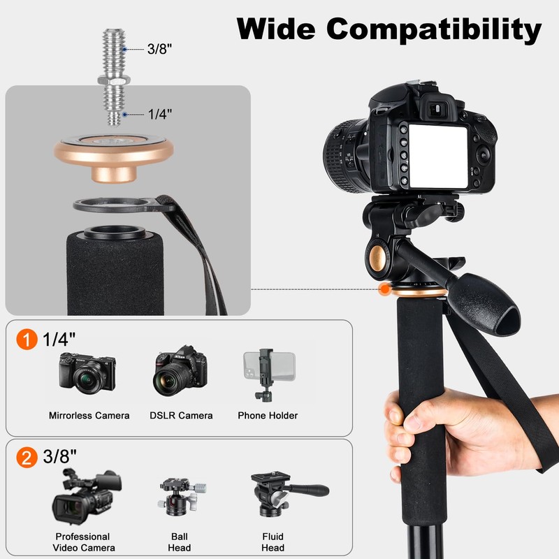 Koolehaoda 71.6” Camera Monopod with 3-Way Pan Tilt Head &