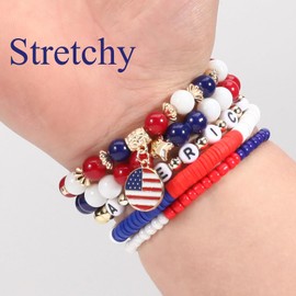 4th of July Bracelets for Women America Flag Bracelets USA Red White and Blue Patriotic Stretchy Stackable Beaded Heishi Bracelet Independence Day Jewelry