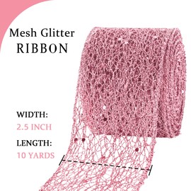 2.5 Inches Light Pink Mesh Glitter Wired Ribbon 10 Yards Mesh Sparkling Wired Ribbon for Christmas Tree Gift Wrapping Craft Wreath