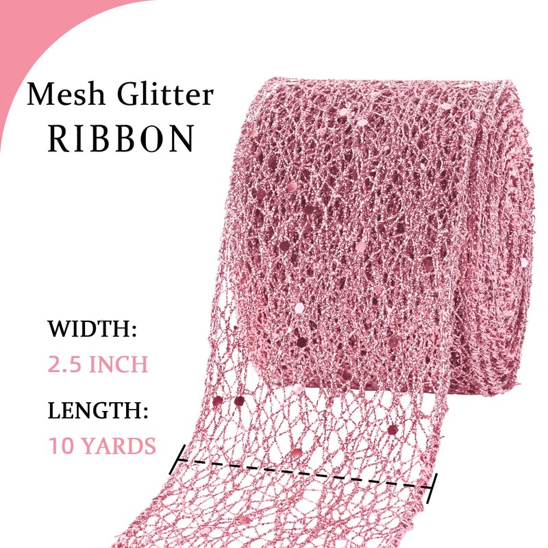 2.5 Inches Light Pink Mesh Glitter Wired Ribbon 10 Yards