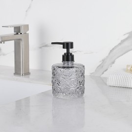 Marcella Glass Soap Dispenser with Soap Pump, Refillable 14 Ounce Capacity, Floral Design Rose Patterns, Heavy Weight Thick Glass for Bathroom, Premium Kitchen Soap Dispenser (Grey)