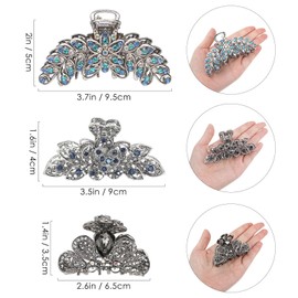 Kilofly 3pc Vintage Crystal Hair Claw Clips Long Thick Hair Metal Clamps