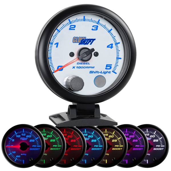 GlowShift White 7 Color 5,000 RPM Diesel Tachometer Gauge -