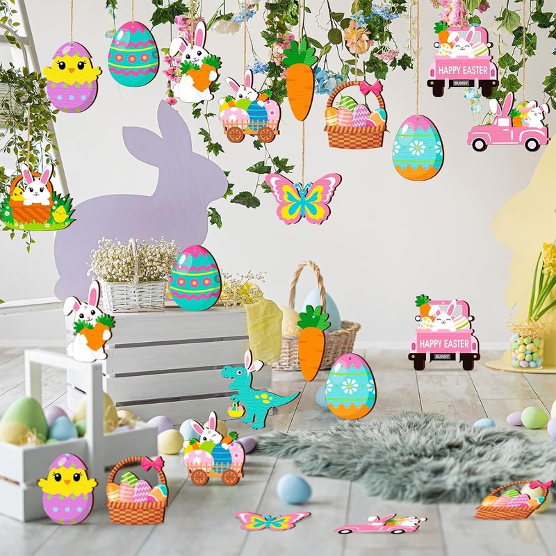 24 Wooden Bunny Easter Pendants with String, 8 cm Eggs,