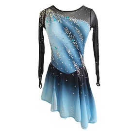 JoyCan Girl's Long Sleeved Blue Gradient Figure Skating Dress Elegant Figure Skating Skirt for Performance and Practice