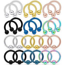 D.Bella 24PCS 16G Surgical Steel Horseshoe Captive Bead Nose Hoop Ring Septum Eyebrow Lip Cartilage Helix Tragus Earring Hoop Rings Piercing Jewelry for Women Men 8mm 10mm 12mm