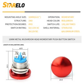 STARELO 16mm Momentary Push Button Switch Mushroom Head,Stainless Steel Metal IP65 Waterproof 2Pin SPST 1NO 5A 250V AC 12V 24V 36V DC 0.63'' Mouting Domed Screw Terminal （Red.
