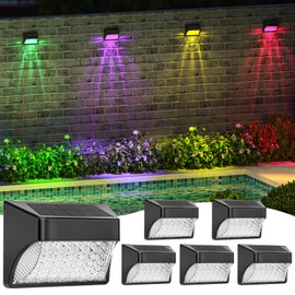 Tadyreal Solar Powered Fence Deck Lights Outdoor Waterproof Led IP65 RGB Color Changing/Warm White Auto On/Off Solar Step Lights for Outside Stair Garden Yard Wall Patio (6 Pack, Black)