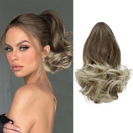 Ponytail Extension,Ombre Brown Mix Blonde 12 Inch Claw Clip Ponytail Extension, Soft Wavy Curly Clip on Ponytails for Women Heat Resistant Synthetic Hairpiece for Daily Use