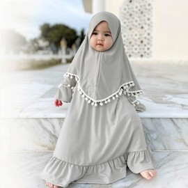 FYMNSI Baby Girl Prayer Clothing Muslim Dress Abaya Maxi Dress with Hijab Toddlers Newborn Islamic Prayer Dress Ramadan Kaftan Dubai Outfit Plain Two Piece, gray