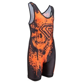 Wrestling Singlet por KO Deportes Gear: Naranja sobre diseño de Calavera Negro – Fun, asequible Head Turning, Anaranjado, Negro