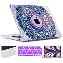 TWOLSKOO Compatible with MacBook Air 15 inch Case M3 M2 Chip 2024 2023 Released Model A3114 A2941, Plastic Hard Shell Cover & Screen Protector & Keyboard Cover & Trackpad Film, Purple Mandala