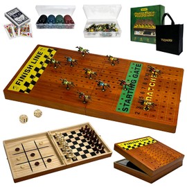 Large 23 inches Horse Race Board Game with Luxury Metal Numbered Horses, 4 in 1 Foldable Wood Horse Race Board Game with Dice Poker Chips/Chess & Checkers/Tic Tac Toe for for Adults Family Parties