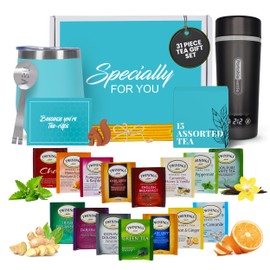 Modern Elegance Organic Tea Gift Set with Portable Kettle - 31 Piece Tea Gifts for Tea Lovers - Includes Insulated Mug, Assorted Organic Teas, & Tea Accessories (Twning Tea)