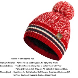 INSISMY Hat Scarf Gloves Set Women's Beanie Hat Long Scarf Thermal Touch Screen Gloves Set 3 PCS Soft Warm Winter Knitted Snowflake Pattern Retro Pom Cap Set for Ladies Men