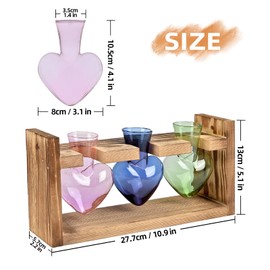 Plant Terrarium Propagation Stations Hydroponics Home Garden Decoration Gift for Women with Wooden Stand Heart Shaped Colored Glass Vase