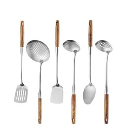 6 Pcs Cooking Utensils Set 304 Stainlss Steel Kitchen Utensils Set Heat Resistant Wooden Handle Kitchen Tools Metal Kitchen Utensil Soup Ladle Set, Dishwasher Safe