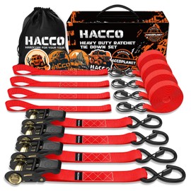 Haccoplanet Ratchet Tie Down Straps, 2340lb Break Strength, 4pc 1inch x 16FT Tie Down Strap Set with Padded Handles & Coated S Hook W/Safety Clip, Cargo Strap Tie Down for Motorcycle, Truck (Red)
