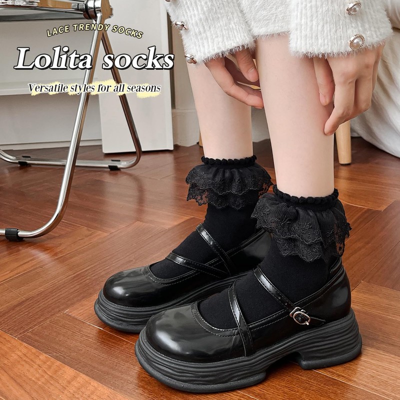 DONBIQI Lace Ruffle Frilly Ankle Socks for Women, Double Layer