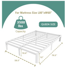 ITIMIDI 12 Inch White Queen Bed Frame, Metal Platform Bed Frame No Box Spring Needed, Heavy Duty Queen Size Bed Frame, Round Corner Legs, Easy Assembly, Under Bed Storage