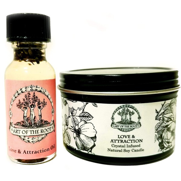 Love & Attraction Mini Spell Set | 4 oz Soy Candle with a Rose Quartz Crystal & 1/2 oz Oil | Passion Seduction Commitment Relationship Rituals | Wiccan, Pagan, Hoodoo, Conjure, Magick