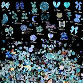 Sinyanail 300pcs Nail Art Charms Kit,Over 100pcs Mixshape Resin Nail Gems and 100 pcs Mixed Flatback Nail Rhinestones Pearls with Over 100pcs Nail Sequins for Nail Art Accessories(Blue)