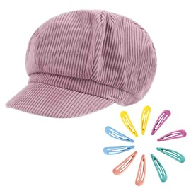 B-HOT Womens Newsboy Cap Baker Boy Ladies Corduroy Flat Cap Visor Cabbie Beret Peaked Hat with 10Pcs Hair Clips Purple
