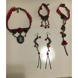 Fashion Jewelry 4 Piece Set, Red Lace Lady Cameo Rose Choker, Earnings, And 2 Bracelets