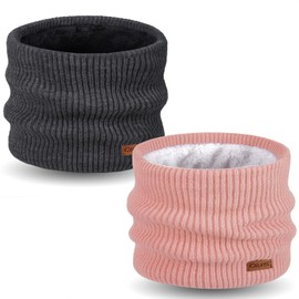 Oliumt Kids Winter Knitted Infinity Scarf Polar Fleece Neck Warmer (Dark Grey, Pink)