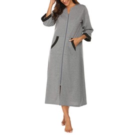 Ekouaer Women Zipper Robe 3/4 Sleeves Loungewear Dress Full Length Sleepwear Pockets Housecoat Nightgown Long Bathrobe