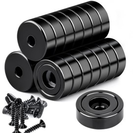 Pack of 22 Neodymium Magnets, Extra Strong, Black, 16 x 5 mm with Hole and Capsule, 8 kg Force, Countersunk Pot Magnet with Screws, Strong Magnets for Kitchen, Fridge, Bathroom, Office, Warehouse