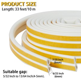 QDiShi White D-Shape Weather Stripping Seal Strip 33FT Door Window Gap Filler for Insulation Dustproof & Energy Saving,Self-Adhesive Backing Seals Gap from 5/32 to 13/64 Inch
