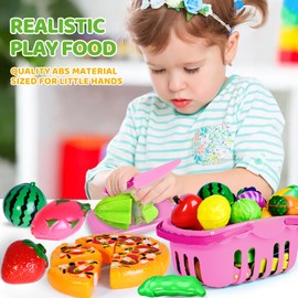 Shemira 100 PCS Cutting Play Food Toy for Kids Kitchen, Pretend Food Toys for Toddlers, Play Kitchen Toys Accessories with 2 Baskets, for 3 4 5 Years Old Boys Girls, Pink
