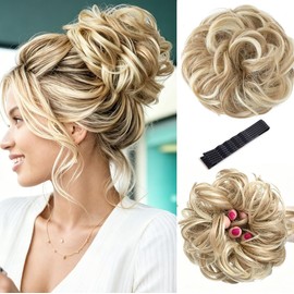 Dirty Blonde Large Messy Bun Piece Hair Scrunchies for Women, 1.94 Oz Thick Wavy Curly Elastic Hair Bun Ponytail Extensions Synthetic Wigs Hairpieces with Pins for Updo Wedding Cosplay Costume