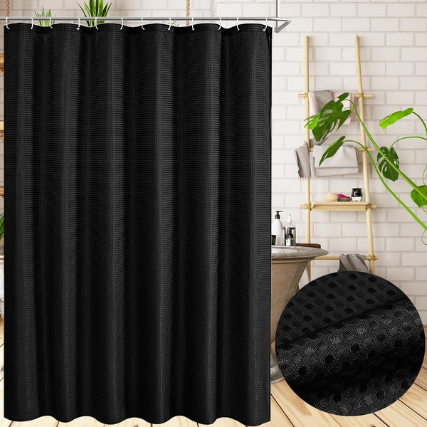 Black Waffle Weave Shower Curtain HADEEONG 72x72in Cloth Shower Curtain