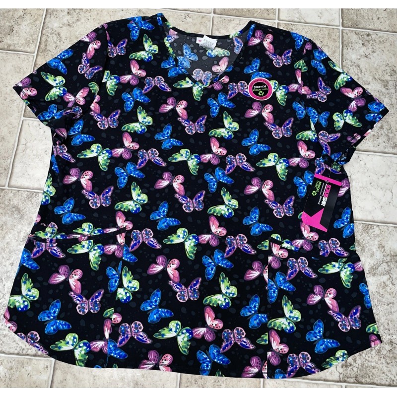 Scrubstar NWT Womens Black Butterfly Print Stretch Scrubstar Scrub Top