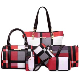 6-Pcs Handbags Set for Women Faux Leather Tote Bag Fashion Top-Handle Handbag Shoulder Bags Crossbody Totes Satchel Purses & Wristlet Wallet Purse Set-Red