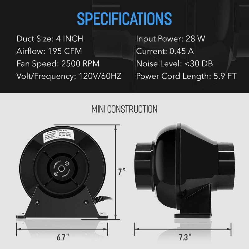iPower 4 Inch 195 CFM Inline Duct Ventilation Fan Air