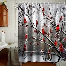 Final Friday Forest Tree Shower Curtains Cute Cardinal Birds on Branch Theme Cloth Fabric Bathroom Decor Sets with Hooks Waterproof Washable 72 x 72 inches Red White and Brown