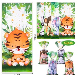 50 Geschenktüten aus Kunststoff, Tiere, Kindergeburtstagstüten, Süßigkeiten, Geschenktüten, Zellophanbeutel zum Verpacken von Geschenken, Kindergeburtstagen, Themenpartys und vielem mehr