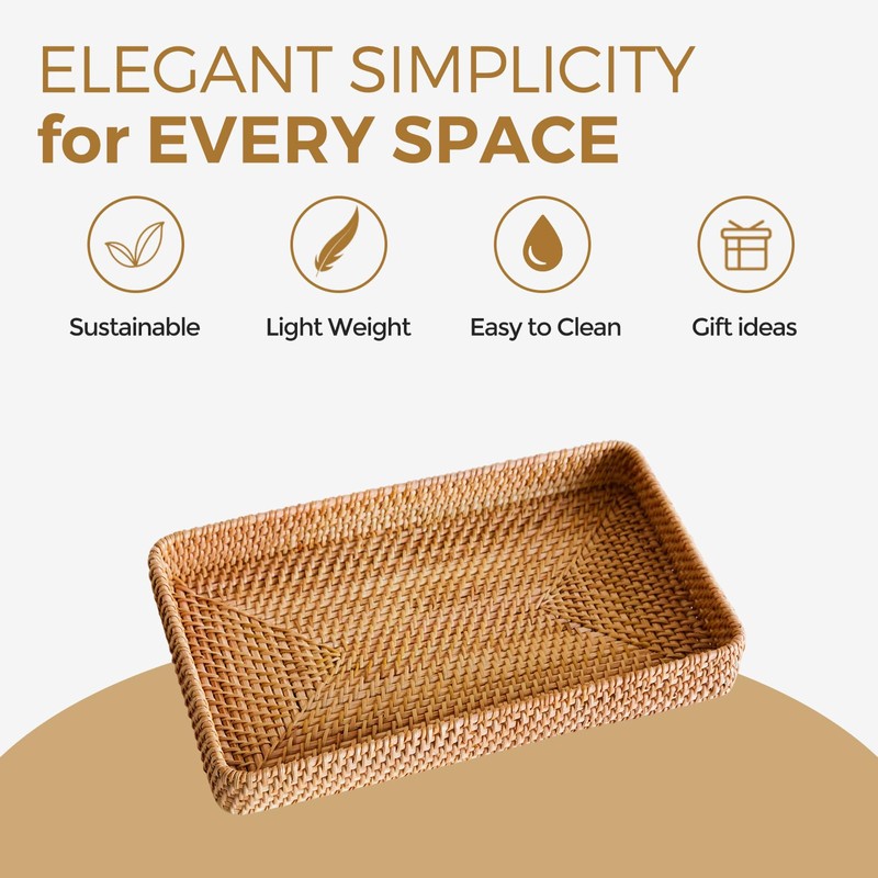 KALEKAIL Rattan Serving Tray, Woven Wicker Rectangle Tray Shallow Basket