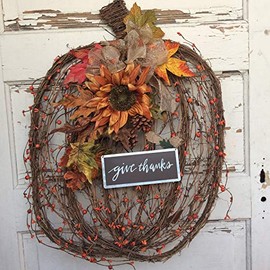 AGD Fall Decor - Flat Grapevine Pumpkin Give Thanks XX Large Wreath